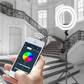 GVM Ring Light,Professional dimmable 3200K-5600K LED Round Light with Light Stand,Circular Diffuser,Smartphone Holder for YouTube Videos, Cosmetics, Selfies, Photography, Live Broadcast