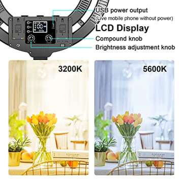 GVM Ring Light,Professional dimmable 3200K-5600K LED Round Light with Light Stand,Circular Diffuser,Smartphone Holder for YouTube Videos, Cosmetics, Selfies, Photography, Live Broadcast