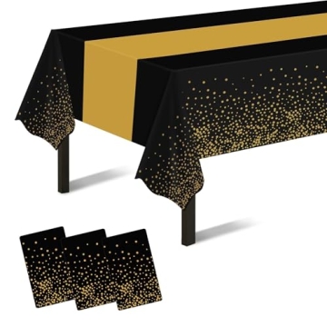 3 Pack New Years Tablecloth,Black and Gold Tablecloths for Rectangle Tables,New Years Decorations,54" x 108" Disposable Plastic Table Cloth for Parties,Birthday Party Decorations,Graduation,Wedding