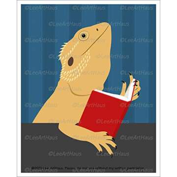 26R - Bearded Dragon Lizard Reading Red Book UNFRAMED Wall Art Print by Lee ArtHaus