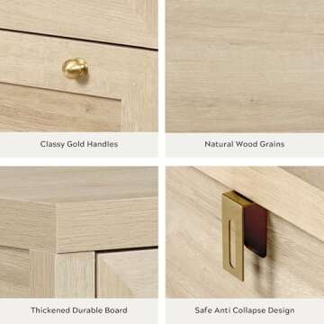 EYYTHUNG 3 Drawer Dresser Set of 2 for Bedroom, Modern Chest of Drawers with Golden Handles, Wood Tall Nightstand, Storage Dresser Cabinet Side Table for Living Room, Hallway, Light Oak