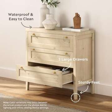 EYYTHUNG 3 Drawer Dresser Set of 2 for Bedroom, Modern Chest of Drawers with Golden Handles, Wood Tall Nightstand, Storage Dresser Cabinet Side Table for Living Room, Hallway, Light Oak