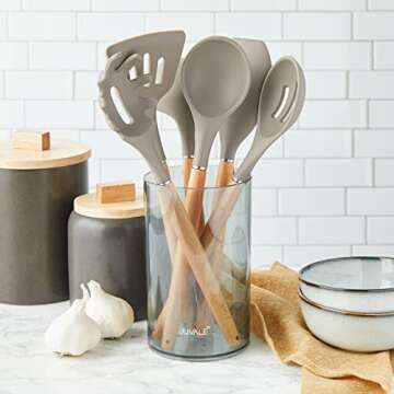 Juvale 7-Piece Silicone and Bamboo Kitchen Utensils Set with Holder for Cooking, Virtually Non-Stick w/Ladle, Slotted Turner & Spoon, Serving Spoon, Pasta Server, Spatula, Scratch-Resistant