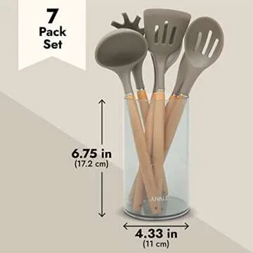 Juvale 7-Piece Silicone and Bamboo Kitchen Utensils Set with Holder for Cooking, Virtually Non-Stick w/Ladle, Slotted Turner & Spoon, Serving Spoon, Pasta Server, Spatula, Scratch-Resistant