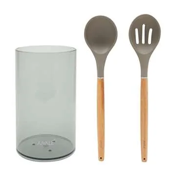 Juvale 7-Piece Silicone and Bamboo Kitchen Utensils Set with Holder for Cooking, Virtually Non-Stick w/Ladle, Slotted Turner & Spoon, Serving Spoon, Pasta Server, Spatula, Scratch-Resistant