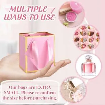 Yeaqee 50 Pcs Mini Metallic Paper Gift Bags with Handles 4x2.75x4.5'' Tiny Small Gift Bags with Thank You Tag for Wedding Favor Birthday Party Graduation Party Goodie Bridal Shower(Pink, Gold)