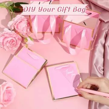 Yeaqee 50 Pcs Mini Metallic Paper Gift Bags with Handles 4x2.75x4.5'' Tiny Small Gift Bags with Thank You Tag for Wedding Favor Birthday Party Graduation Party Goodie Bridal Shower(Pink, Gold)
