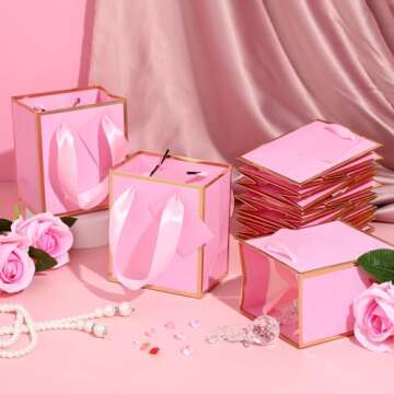 Yeaqee 50 Pcs Mini Metallic Paper Gift Bags with Handles 4x2.75x4.5'' Tiny Small Gift Bags with Thank You Tag for Wedding Favor Birthday Party Graduation Party Goodie Bridal Shower(Pink, Gold)