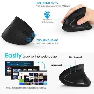 Lekvey Ergonomic Mouse, Wireless Mouse 2.4 GHz Optical Vertical Wireless Mice : Levels 6 Buttons, for Laptop, PC, Computer, Desktop, Notebook etc, Black