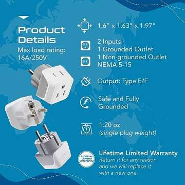 Compact Ceptics Travel Plug Adapter for Europe and Asia