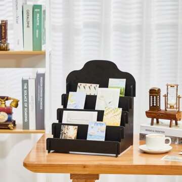 Barydat Tiered Greeting Card Display Stand Wooden Collector Rack Portable Birthday Card Display Wooden Photo Holder for Postcards Hair Clips(11.8 x 10.4 x 14.2 Inch,Black)