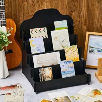 Barydat Tiered Greeting Card Display Stand Wooden Collector Rack Portable Birthday Card Display Wooden Photo Holder for Postcards Hair Clips(11.8 x 10.4 x 14.2 Inch,Black)