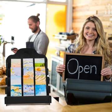 Barydat Tiered Greeting Card Display Stand Wooden Collector Rack Portable Birthday Card Display Wooden Photo Holder for Postcards Hair Clips(11.8 x 10.4 x 14.2 Inch,Black)