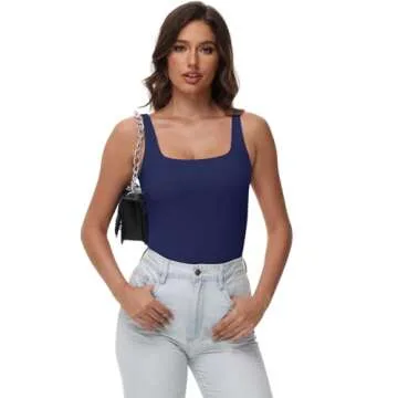 Women Tummy Control Shapewear Tank Tops Seamless Square Neck Compression Tops Slimming Body Shaper Camisole Navy Blue