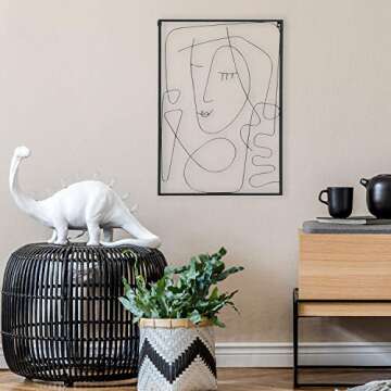 WHW Whole House Worlds Modernist Home Picasso-ist Abstract Studio Woman, Framed Wall Sculpture, Squiggle Lines, Matte Finish, Black Iron, Metal, 27.25 Inches