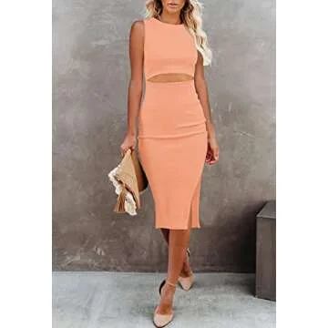 Pink Queen Women's Sexy Sleeveless Bodycon Dress Crew Neck Party Cocktail Ribbed Midi Dresses Peach ...