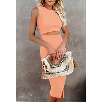 Pink Queen Women's Sexy Sleeveless Bodycon Dress Crew Neck Party Cocktail Ribbed Midi Dresses Peach XS