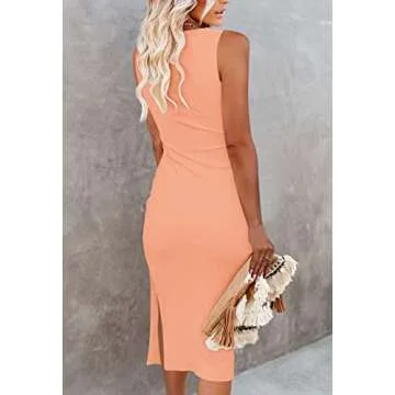 Pink Queen Women's Sexy Sleeveless Bodycon Dress Crew Neck Party Cocktail Ribbed Midi Dresses Peach XS