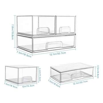 Vtopmart Stackable Storage Drawers Set of 3,Clear Plastic Organizer Bins for Makeup, Cosmetics, Beauty Supplies,Ideal for Vanity, Bathroom,Cabinet,Pantry Organization