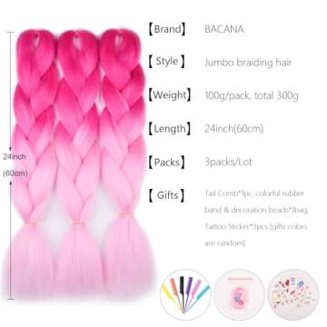 Ombre Braiding Hair (Pink/Light Pink)3pcs Jumbo Braiding Hair Extension For Box Braids Twist 24 Inch...