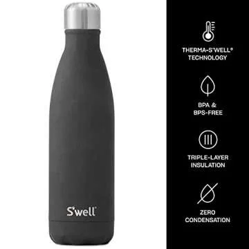 S'well Stainless Steel Water Bottle - 17 Fl Oz - Soft Touch Black - Triple-Layered Vacuum-Insulated Containers Keeps Drinks Cold for 36 Hours and Hot for 18 - BPA-Free - Perfect for the Go