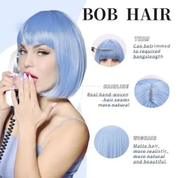 Light Blue Bob Wig with Bangs for Stylish Transformation