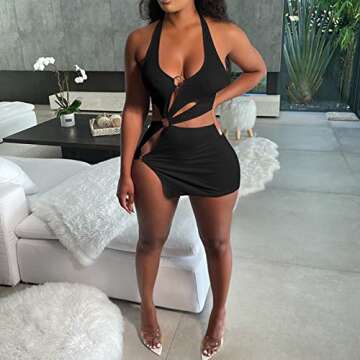 CLO ICOOL Womens Sexy Bodycon Dresses Wraps Halter Neck Party Outfit Clubwear Mini Dress,Black,Large