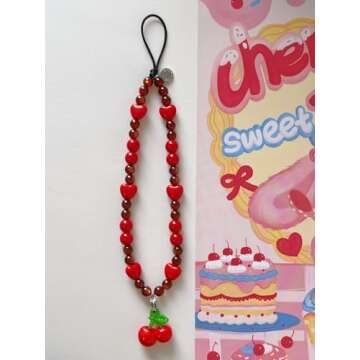 Drawwind Phone Charm Strap Universal Cell Phone Lanyard Wrist Strap Beaded Phone Chain String Handmade Phone Case Accessories for Women Girls (Sweet Cherries)