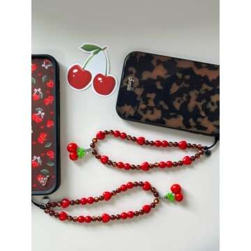 Drawwind Phone Charm Strap Universal Cell Phone Lanyard Wrist Strap Beaded Phone Chain String Handmade Phone Case Accessories for Women Girls (Sweet Cherries)