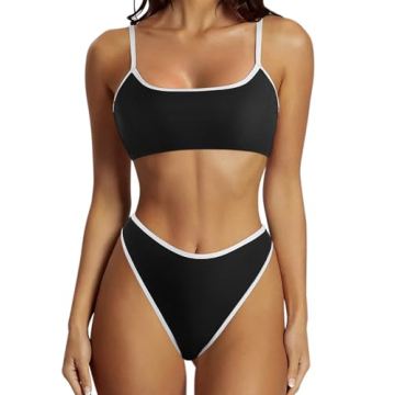 SUUKSESS Women High Waisted Two Piece Bikini Sets Cheeky High Cut Bandeau Swimsuits Push Up Bathing ...