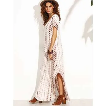 MakeMeChic Women's Boho Maxi Short Sleeve Split Pockets Tie Dye Long Dress A Coffee M