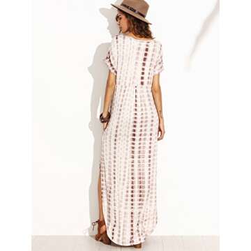 MakeMeChic Women's Boho Maxi Short Sleeve Split Pockets Tie Dye Long Dress A Coffee M