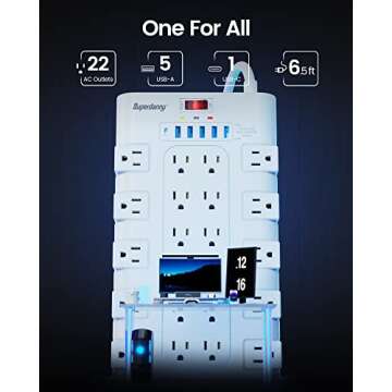 SUPERDANNY Power Strip Surge Protector with 22 AC Outlets and 6 USB Charging Ports, 6.5Ft Mountable ...