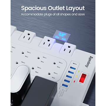 SUPERDANNY Power Strip Surge Protector with 22 AC Outlets and 6 USB Charging Ports, 6.5Ft Mountable Flat Plug Extension Cord (1875W/15A) for Home, Office, Dorm, Gaming Room, 2100 Joules, White