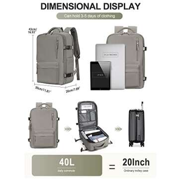 winspansy Large Travel Backpack for Women Men Carry on Backpacks Waterproof Flight Approved Personal Item Bags Luggage Backpacks Fit for 17 Inch Laptop Business Work,Mochila de Viaje