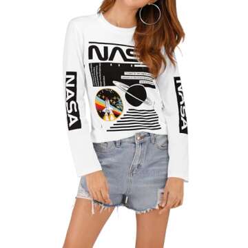 Ezcosplay Crew Neck Long Sleeve NASA T-Shirt Letter Printed Shirt Graphic Tee Tops for Women
