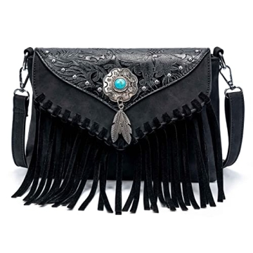 Lavawa Small Crossbody Handbag with Fringe and Turquoise Concho