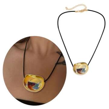 BLACKNANA Stylish Metal Oval Shaped Neckchain Geometric Pendant Necklace Adjustable PU Leather Cord ...