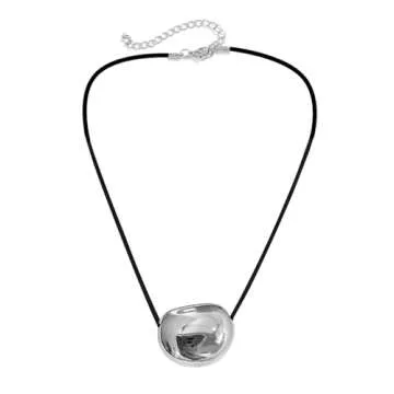 BLACKNANA Stylish Metal Oval Shaped Neckchain Geometric Pendant Necklace Adjustable PU Leather Cord Clavicle Chain Elegant Jewelry
