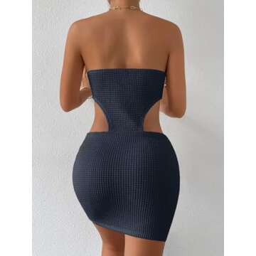 SHENHE Women's Crochet See Through Cover Up Dress Cut Out Sleeveless Bodycon Dresses Strapless Tube Mini Dress Club Dress Navy Blue S
