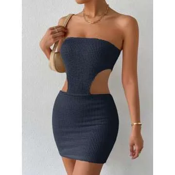 SHENHE Women's Crochet See Through Cover Up Dress Cut Out Sleeveless Bodycon Dresses Strapless Tube Mini Dress Club Dress Navy Blue S