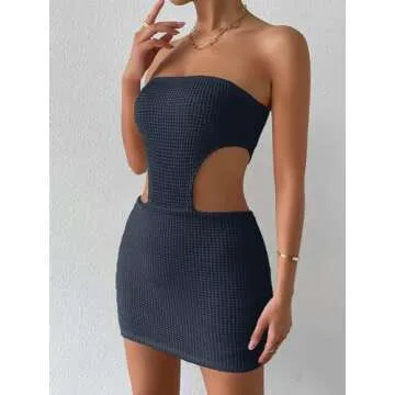 SHENHE Women's Crochet See Through Cover Up Dress Cut Out Sleeveless Bodycon Dresses Strapless Tube Mini Dress Club Dress Navy Blue S