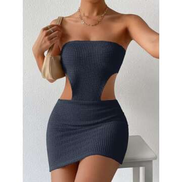 SHENHE Women's Crochet See Through Cover Up Dress Cut Out Sleeveless Bodycon Dresses Strapless Tube Mini Dress Club Dress Navy Blue S