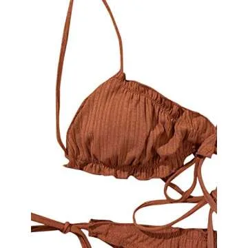SOLY HUX Women's Frill Trim Triangle Top and Tie Side Bikini Set Two Piece Swimsuits Pure Brown S