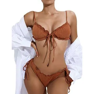 SOLY HUX Women's Frill Trim Triangle Top and Tie Side Bikini Set Two Piece Swimsuits Pure Brown S