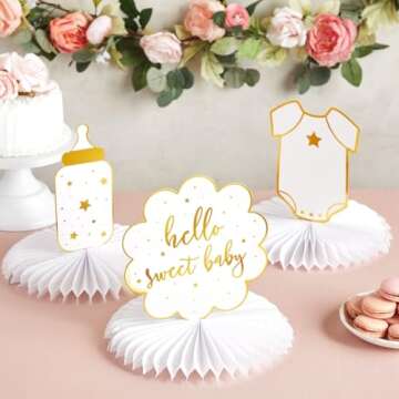 Sparkle and Bash Hello Sweet Baby Table Centerpieces, Honeycomb Gender Neutral Baby Shower Decorations (White and Gold Foil, 6 Pack, 3 Designs)