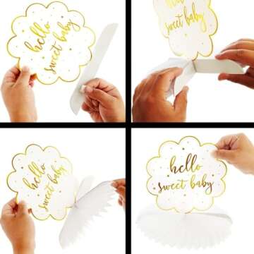 Sparkle and Bash Hello Sweet Baby Table Centerpieces, Honeycomb Gender Neutral Baby Shower Decorations (White and Gold Foil, 6 Pack, 3 Designs)