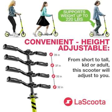 LaScoota Kick Scooter for Kids Ages 12+, Teens & Adults, Large 7.9" Sturdy Urethane Wheels. Adjustab...