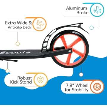 LaScoota Kick Scooter for Kids Ages 12+, Teens & Adults, Large 7.9" Sturdy Urethane Wheels. Adjustable Handlebar, Lightweight, Foldable, 220lbs Max Load (Neon Green)