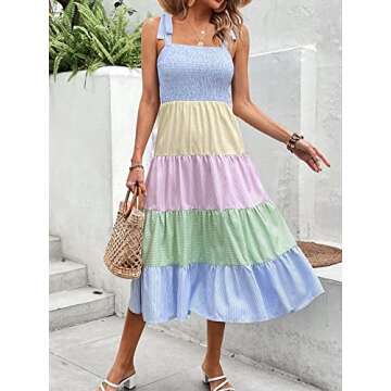 MakeMeChic Women's Summer Beach Boho Dress Casual Floral Spaghetti Strap Square Neck Long Maxi Sun Dresses Multi Striped S